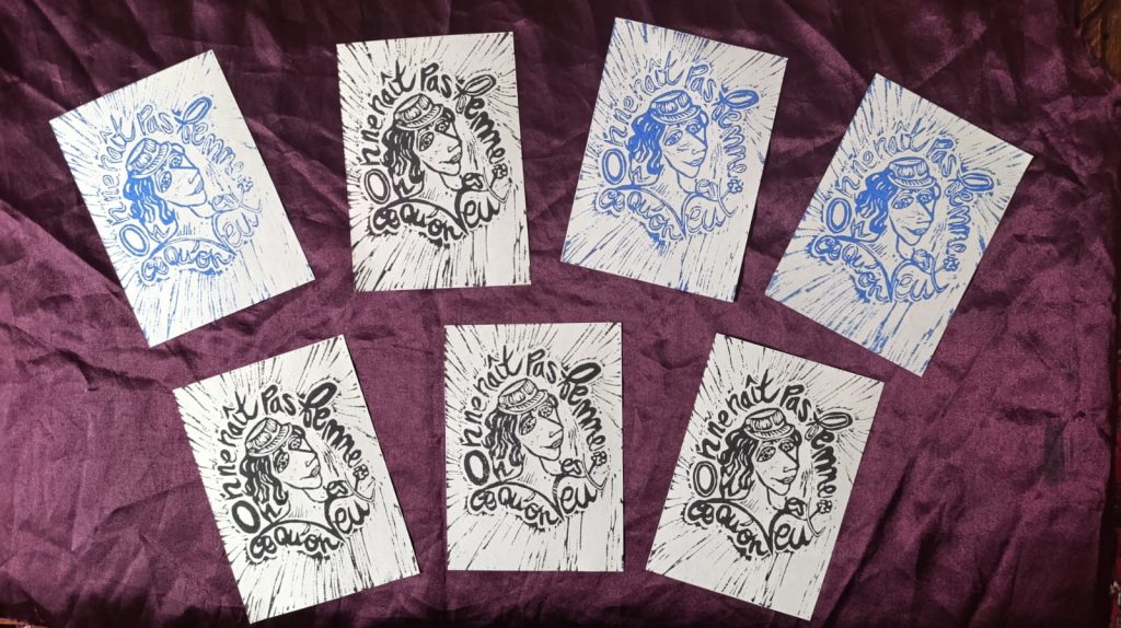 Linogravure de mon célèbre dessin "Flo", inspirée de la grande et talentueuse autrice Florence Braud.